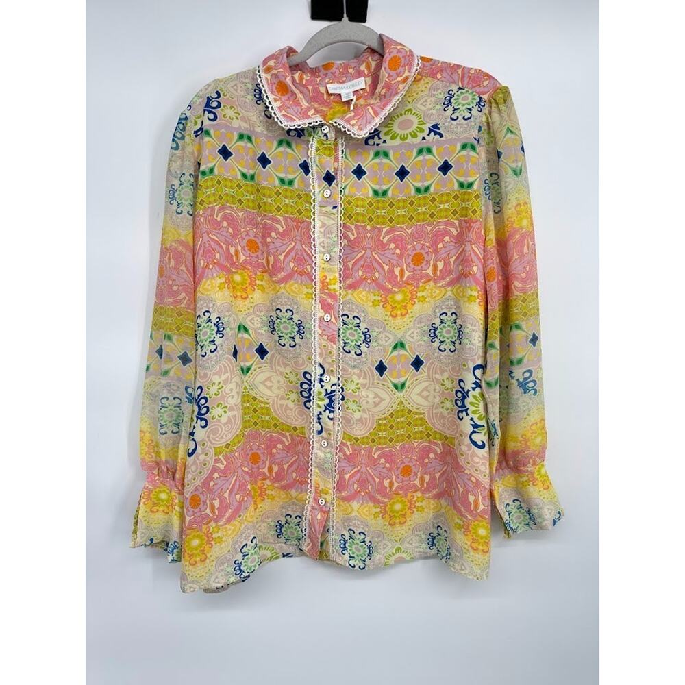 Cynthia‎ Rowley Lace Trim Button Front Blouse Size 1X Cottagecore Colorful Top